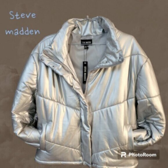 Steve Madden Metallic Silver Downtown Bomber Puffer Jacket NWT Sz Small - Picture 5 of 12